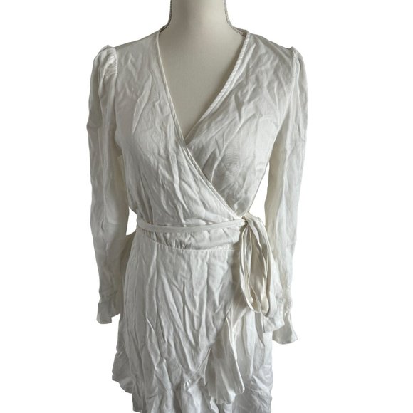 White Ruffle V Neck Wrap Dress Size Medium Unbranded - Picture 3 of 5
